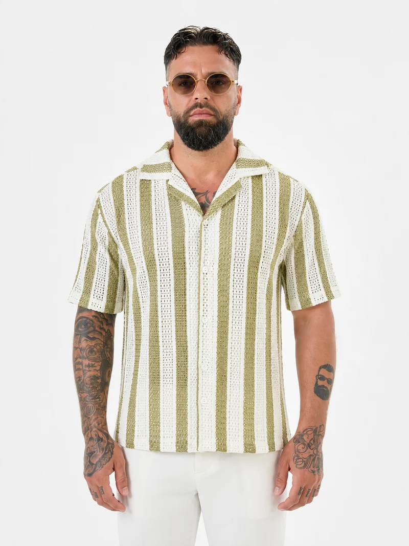 Naxos Striped Knitted Shirt - Olive Green