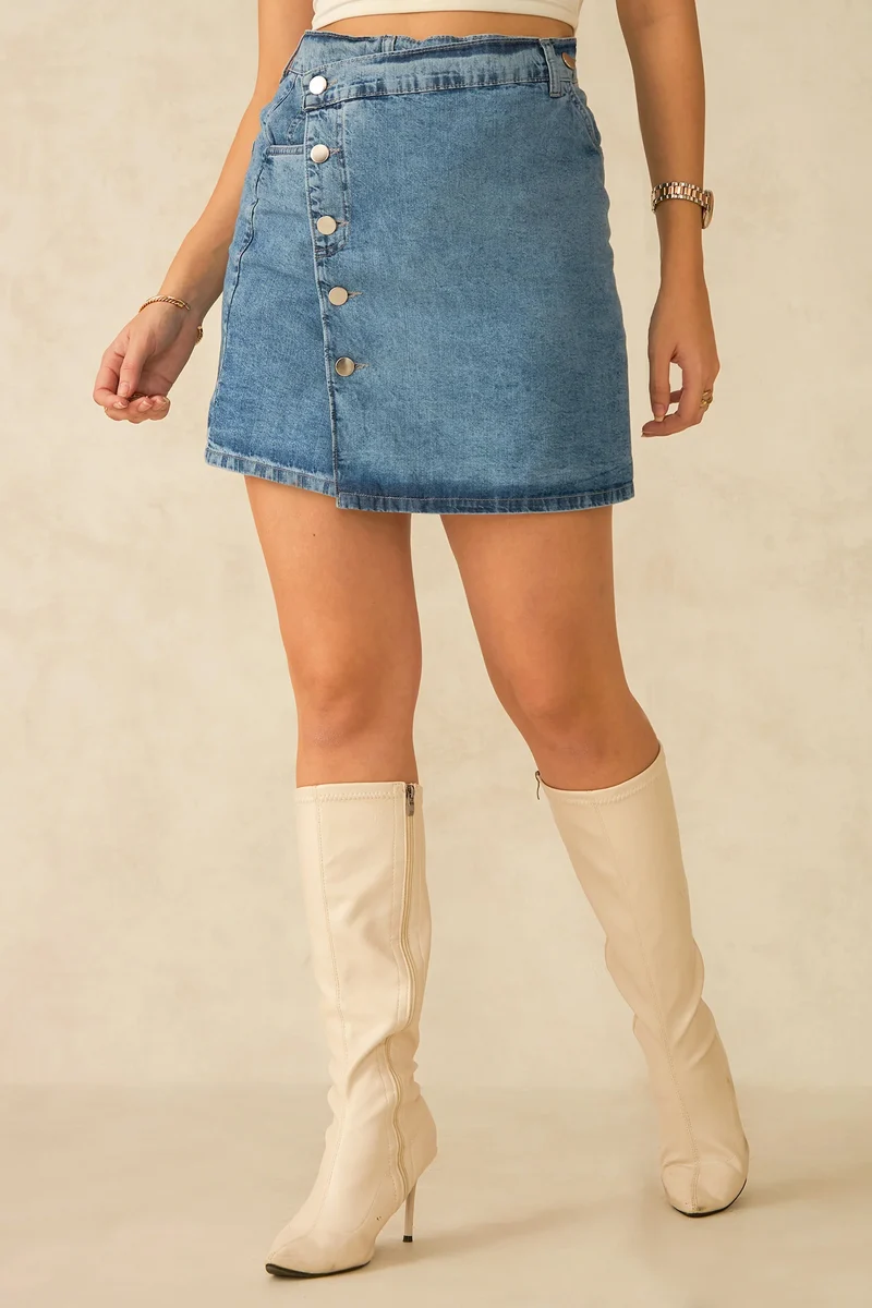 Verity|100% Cotton Wrap Button Detail Mini Skirt