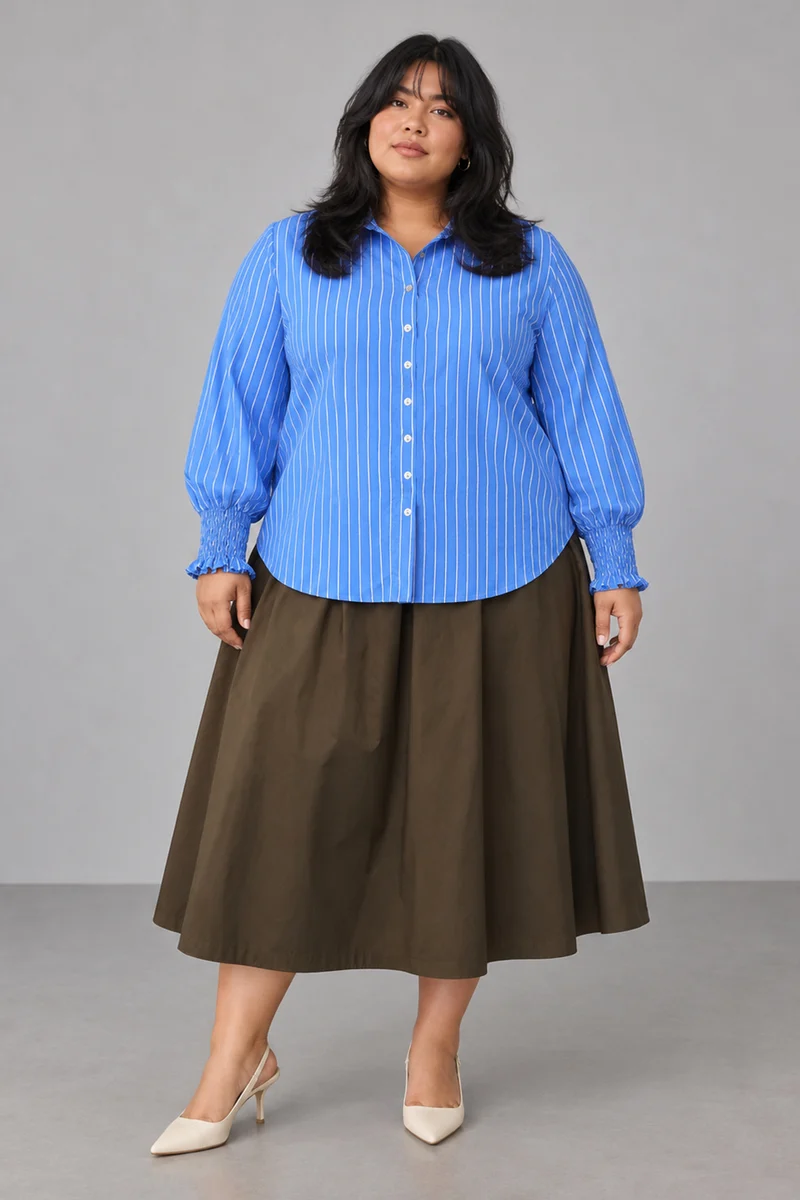 Cyris|Classic Collar Button Front Smocked Cuff Stripe