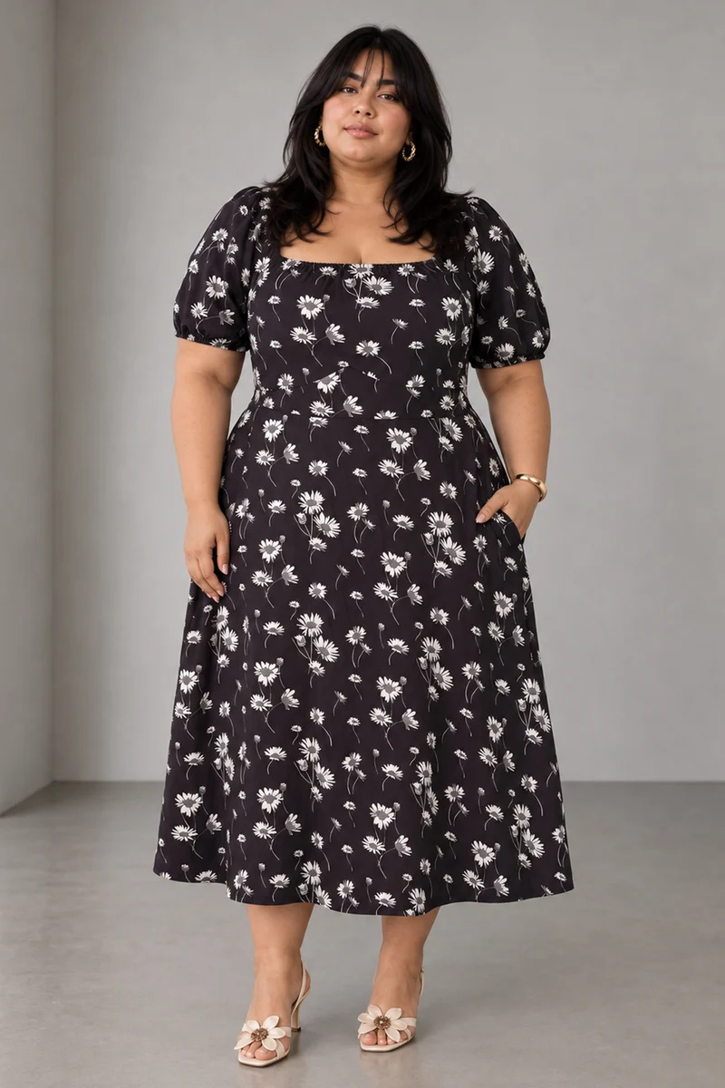 Petn|Viscose Square Neck Midi Dress