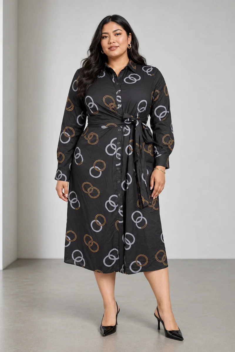 Cygna|Cotton Midi Dress With Tie Up