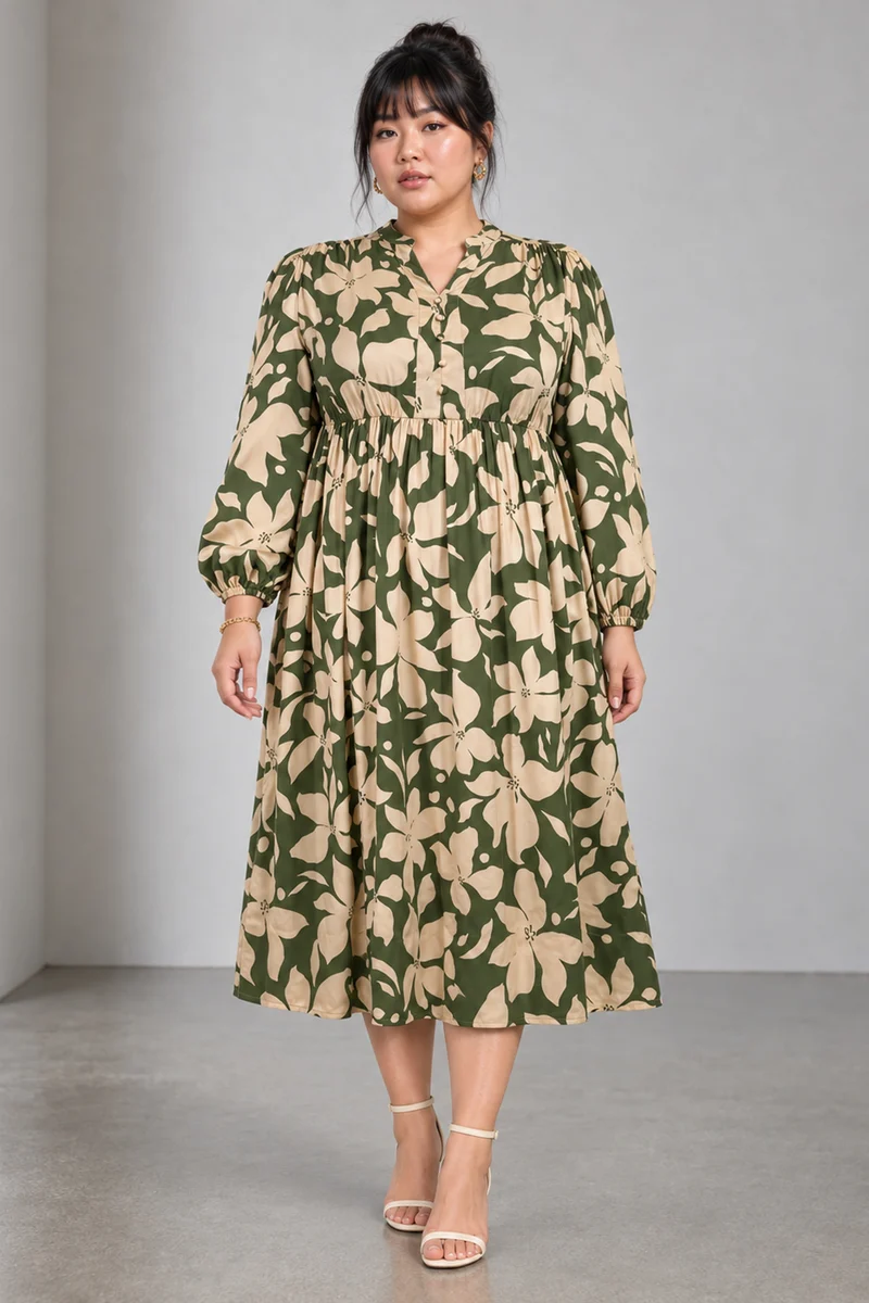 Niun|Viscose Split V Neck Midi Dress