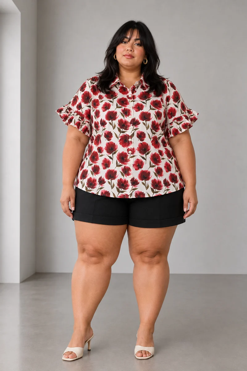 Rosira|Poppy Print Buttonfront Frill Sleeve Shirt