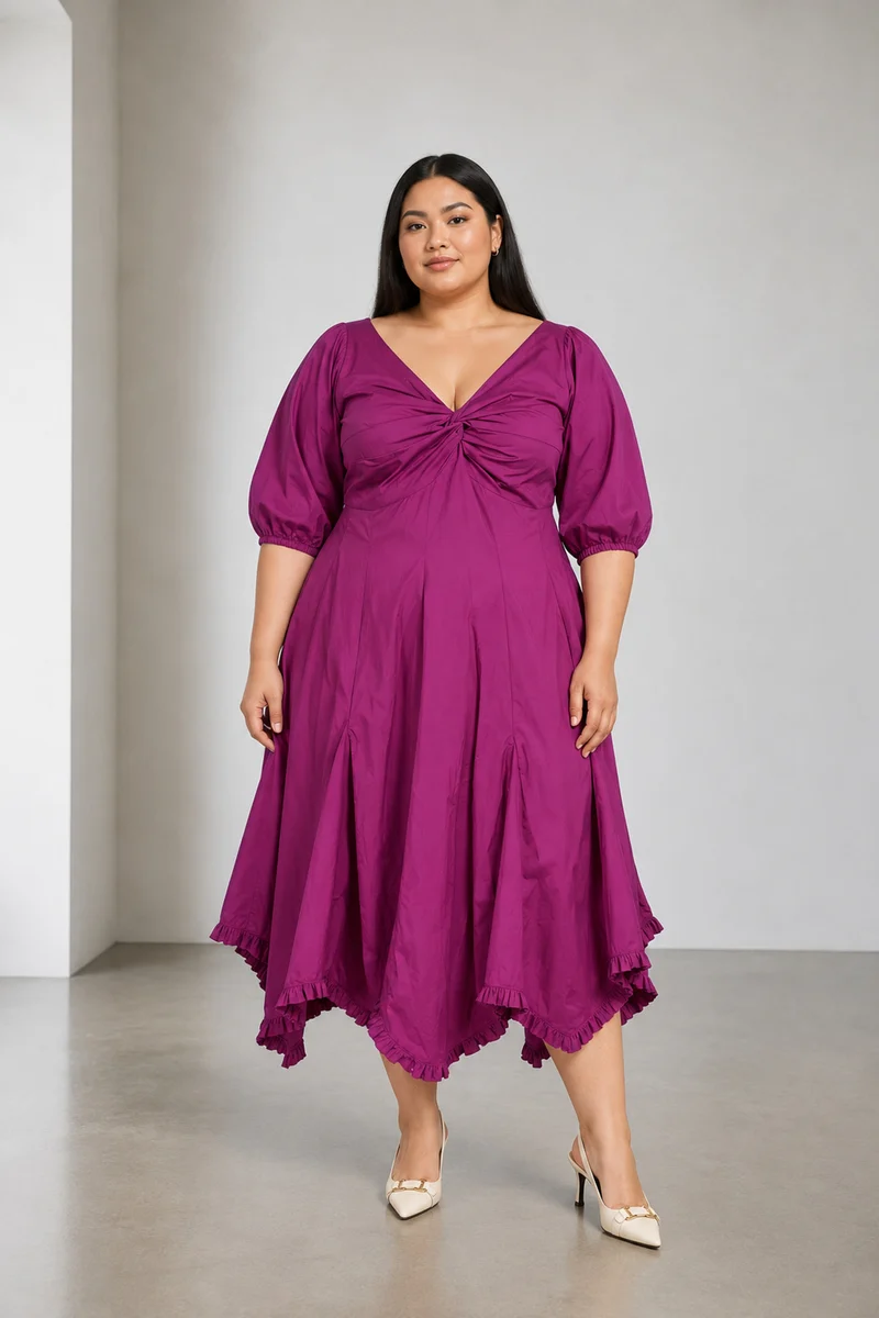 Azora|Cotton V Neck Twist Front Midi Dress