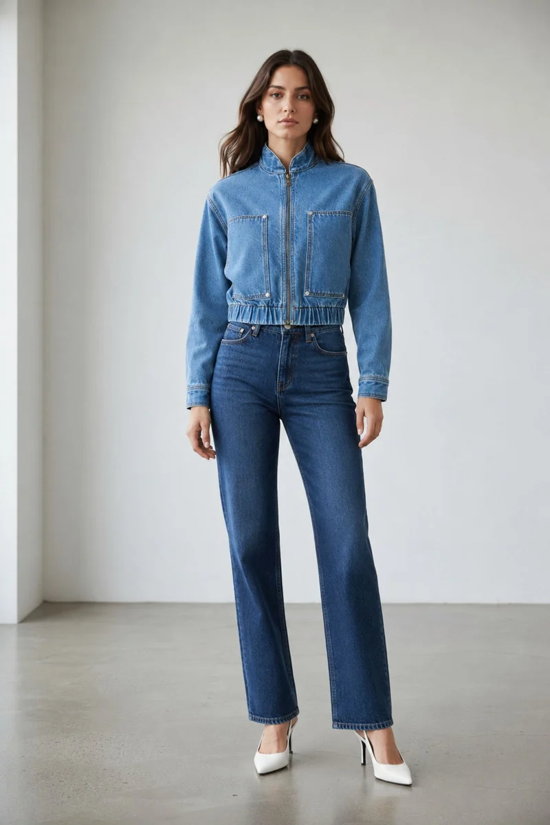 Wina|100% Cotton Denim Bomber Jacket