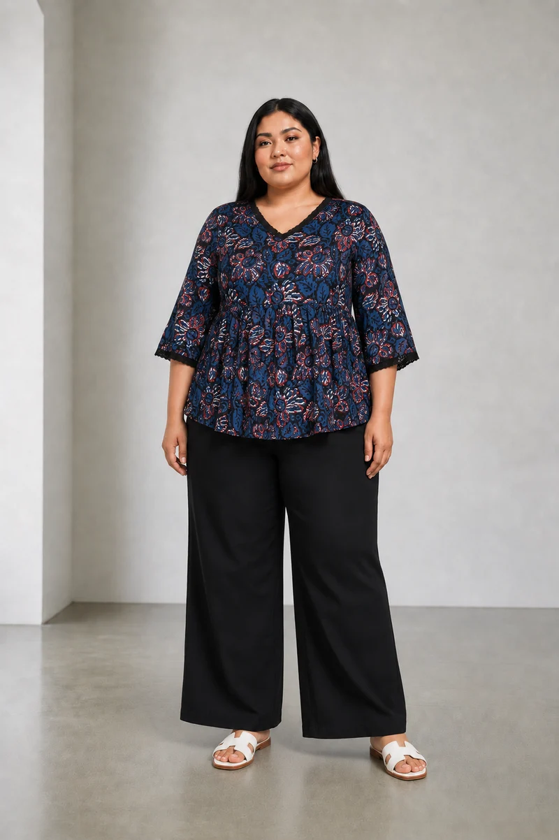 Utamni|Cotton Peplum Lace Insert Top