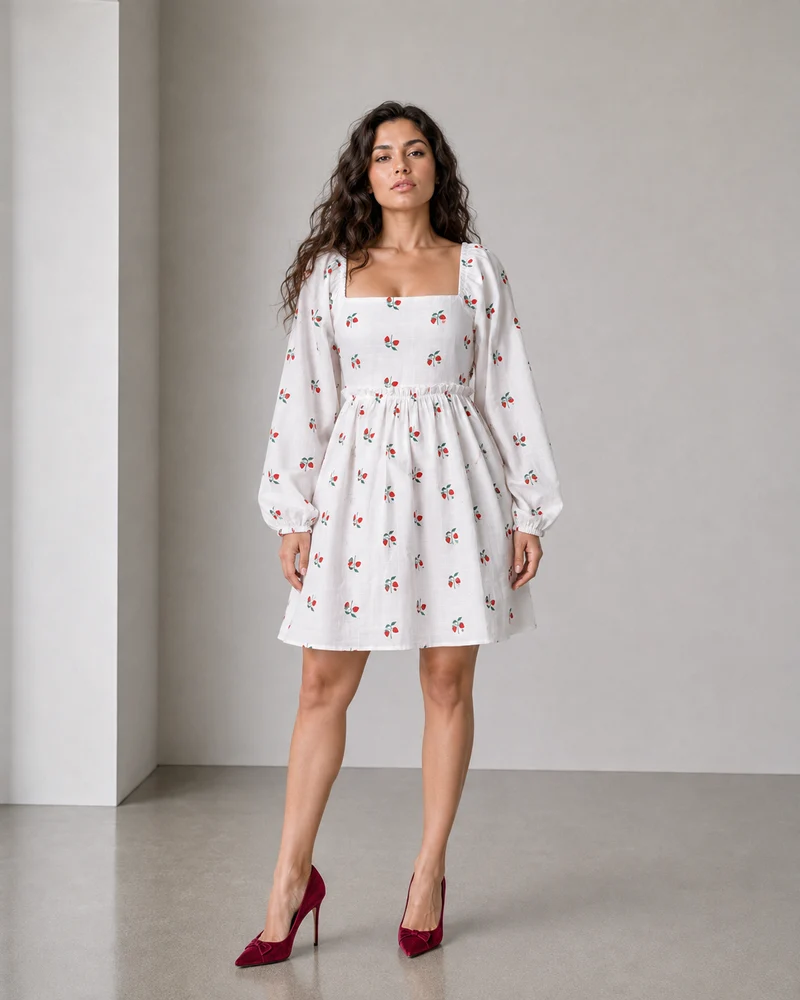 Samiu|Viscose Strawberry Printed Smocked Mini Dress