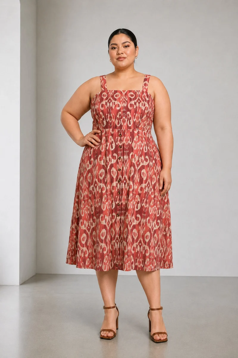 Sanimi|Cotton Square Neck Midi Dress