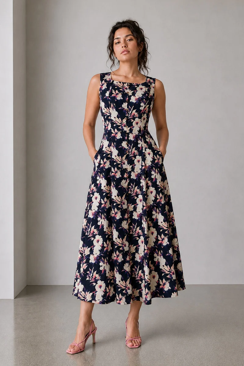 Neai|Viscose Print Fit Flare Midi Dress