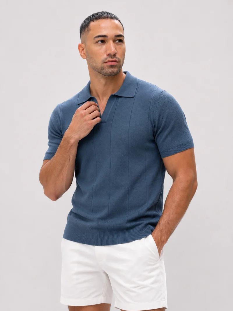 Buttonless knitwear polo short sleeve dark blue