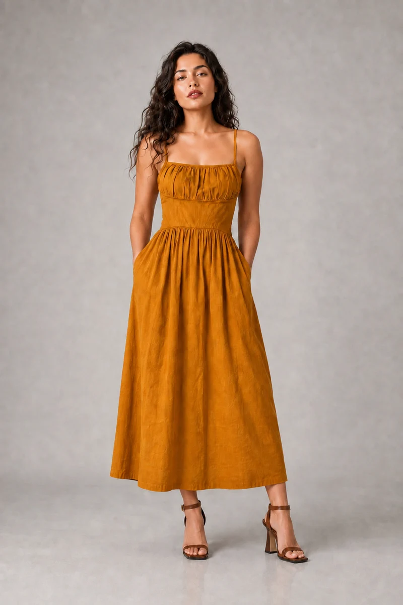 Eldon|Cotton Square Neck Fit Flare Midi Dress