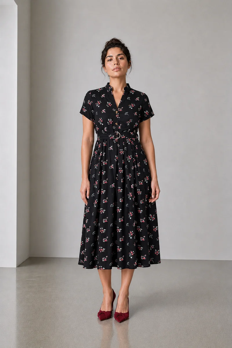 Cresta|Viscose Mandarin Collar Belted Midi Dress