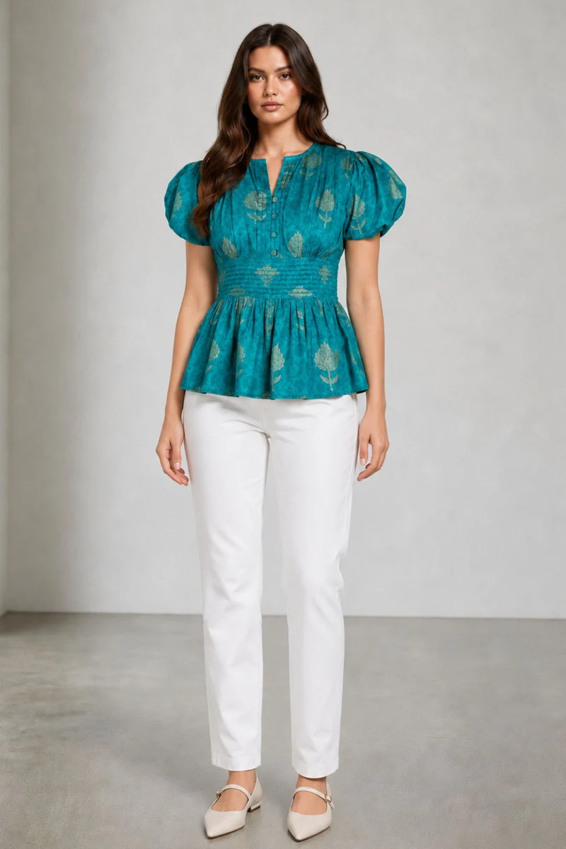 Paveli|Cotton Pintuck Detail Peplum Top