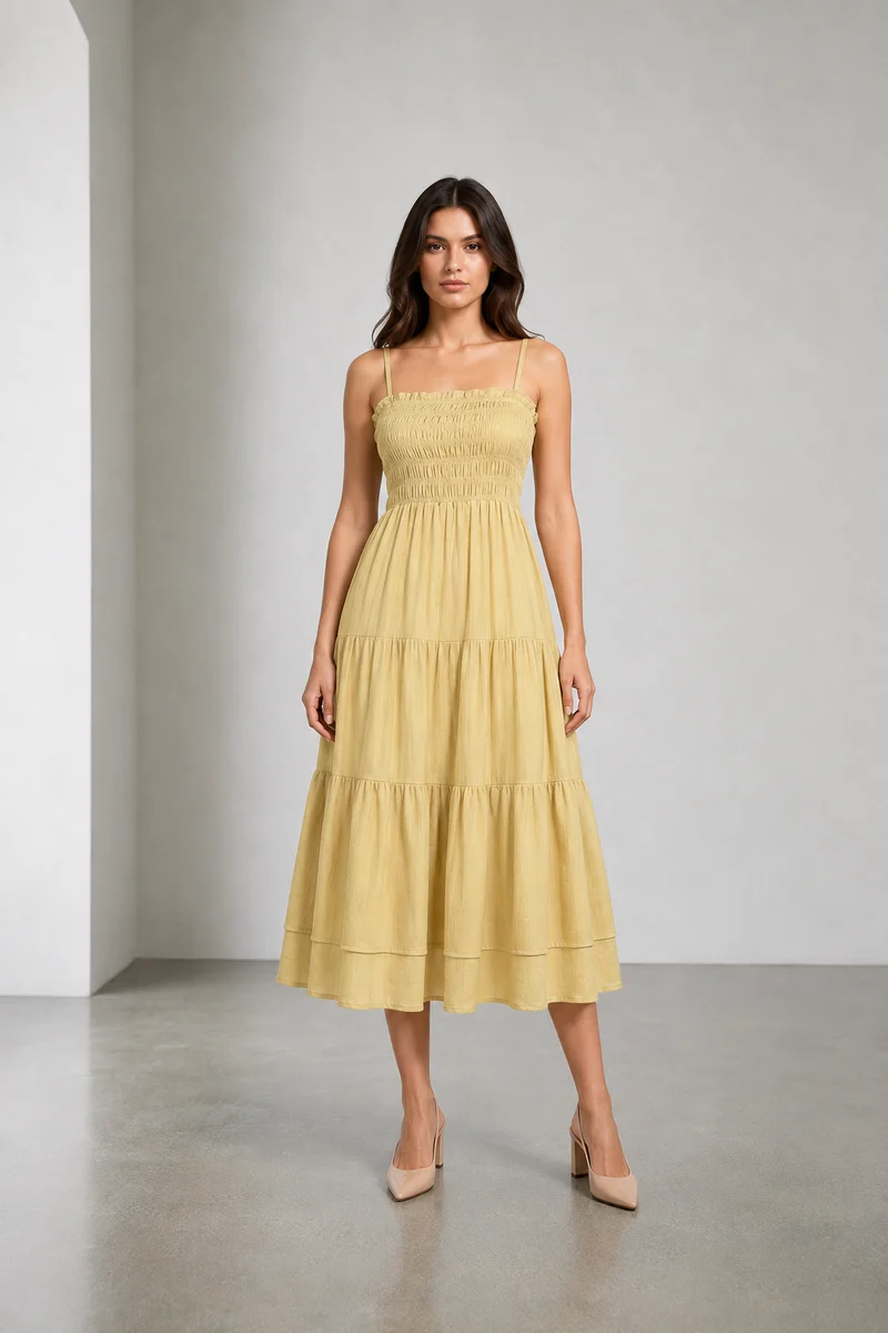 Serein|Cotton Smocked Layered Midi Dress