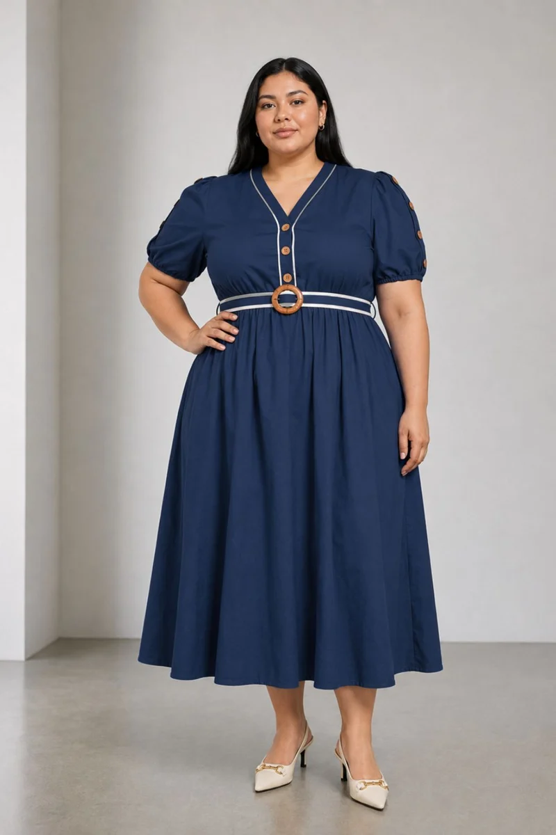 Bellar|Cotton Contrast Piping Midi Dress