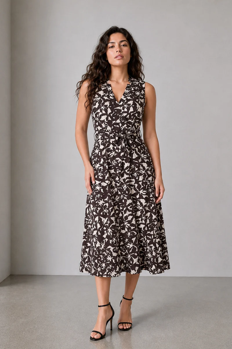 Veyla|Brown Abstract Print Midi Dress