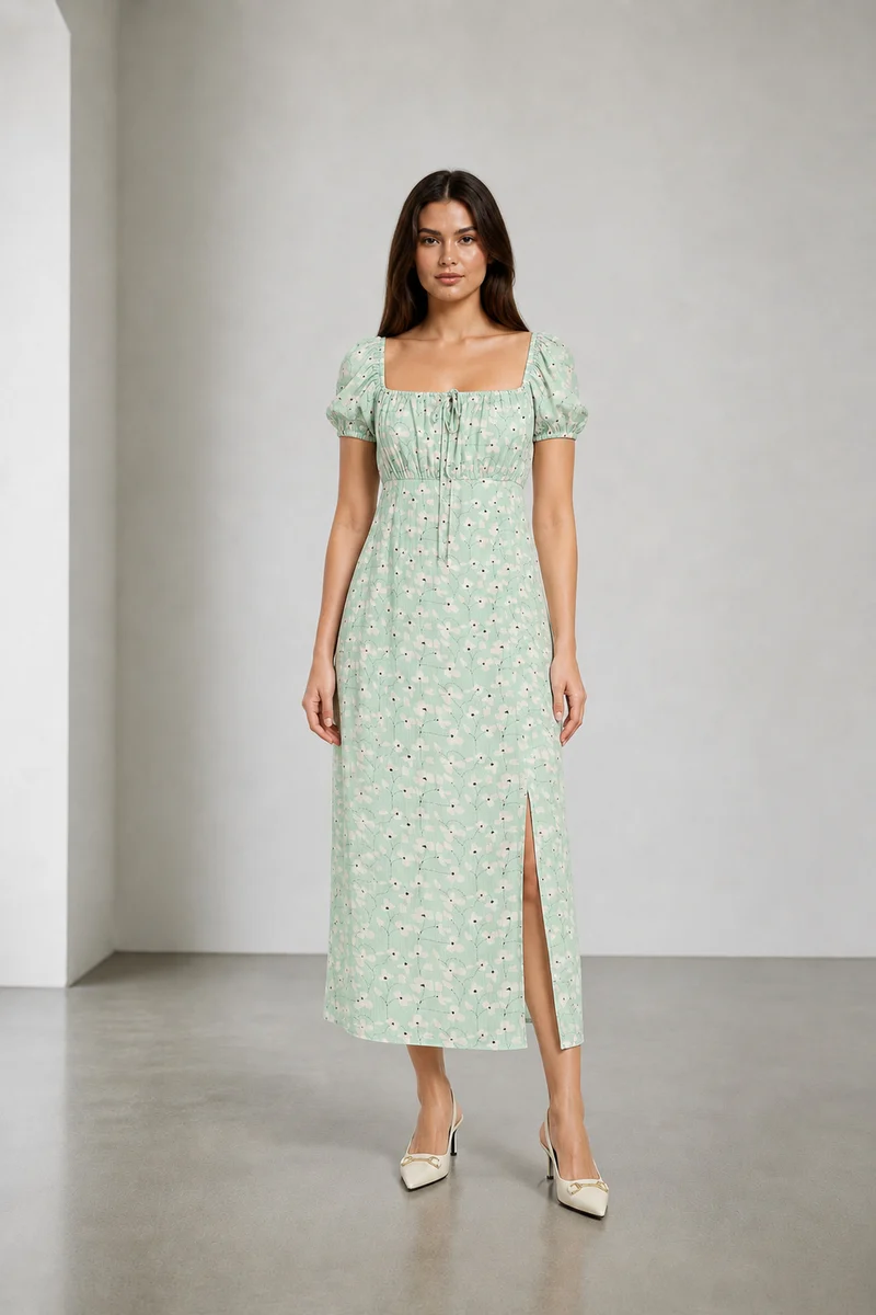 Maeva|Viscose Square Neck Midi Dress