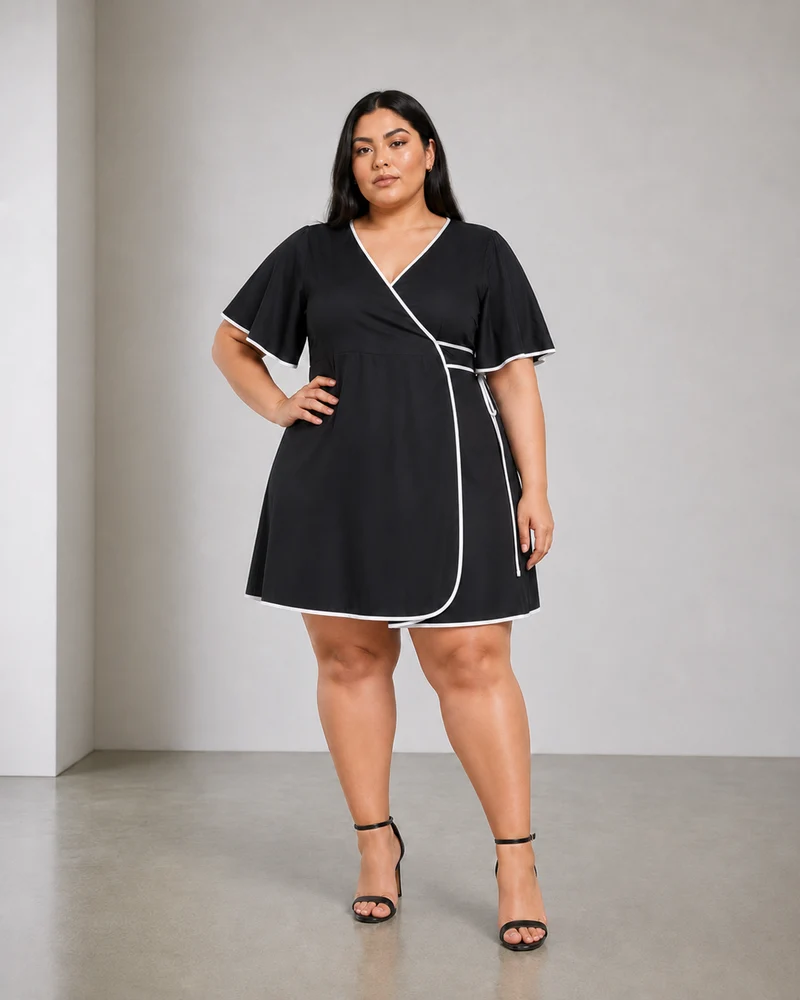 Raviel|Viscose Contrast Piping Wrap Dress