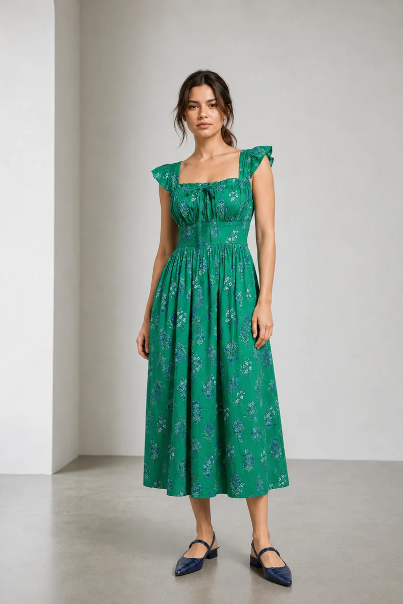 Savra|Cotton Ruffle Sleeve Printed Midi Dress