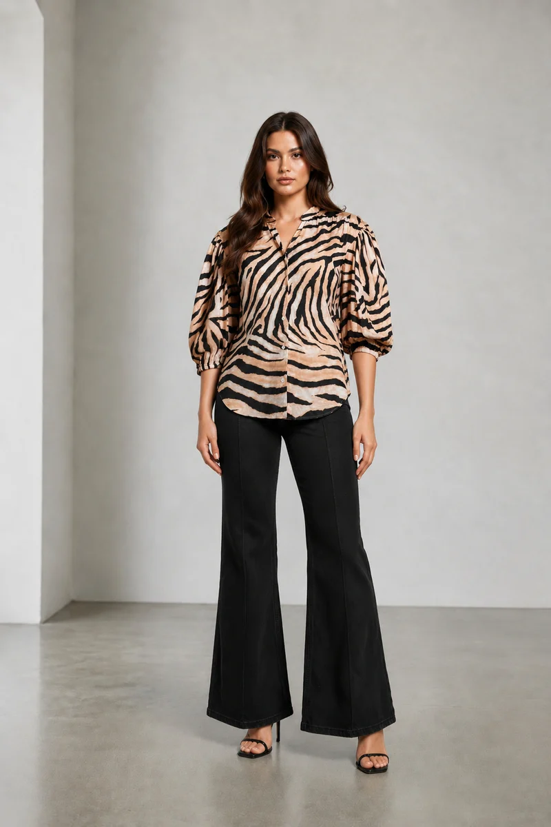 Orli|Cotton Animal Printed Balloon Sleeve Shirt