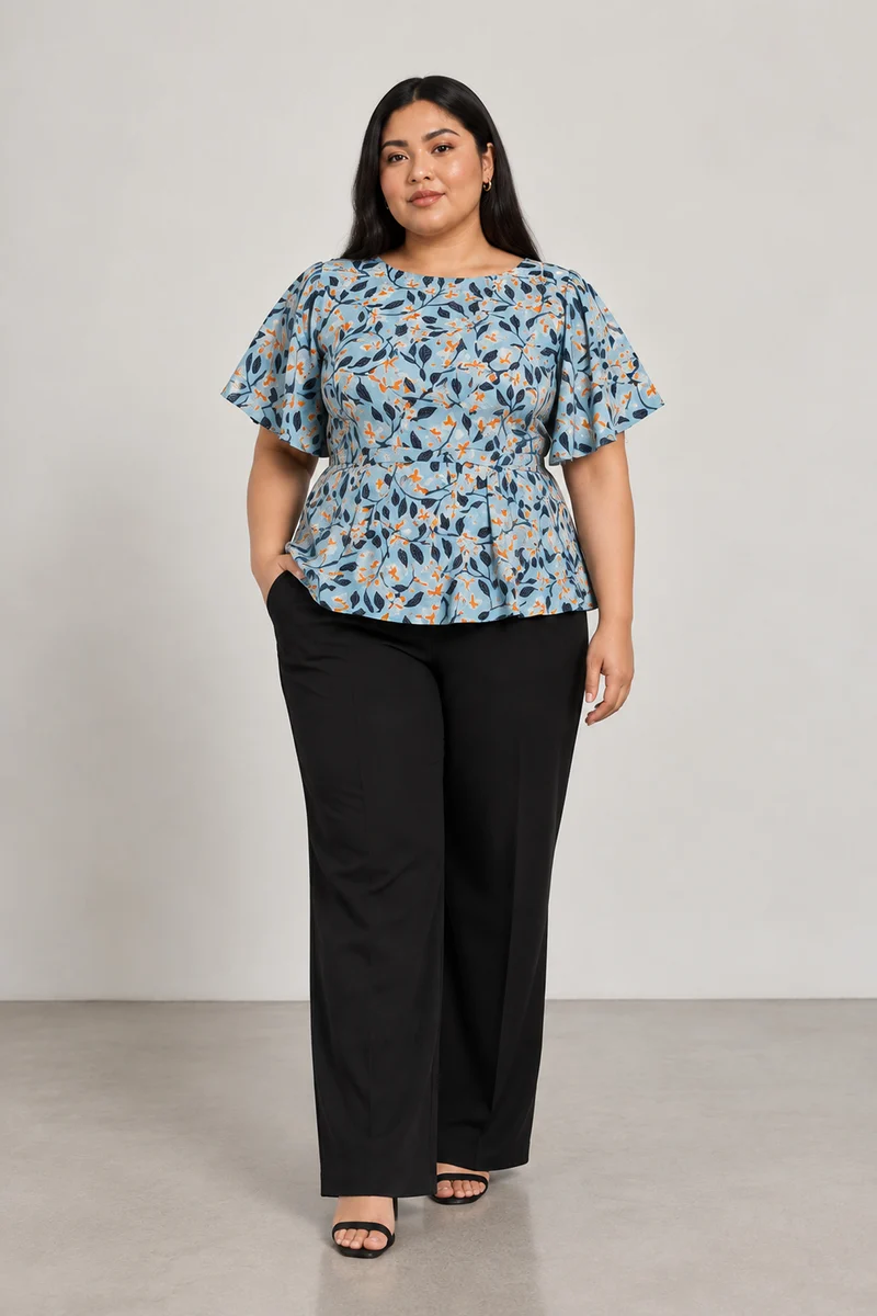 Mivra|Cotton Linen Printed Flutter Sleeve Top