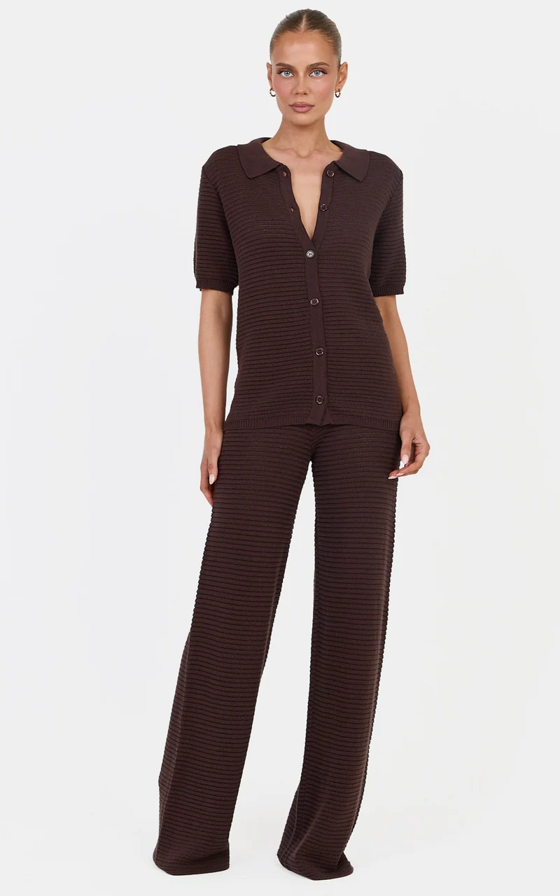 Leonora Two Piece Top and Pants Set - Cotton Knit Button Through Shirt and Drawstring Pants Set in Chocolate