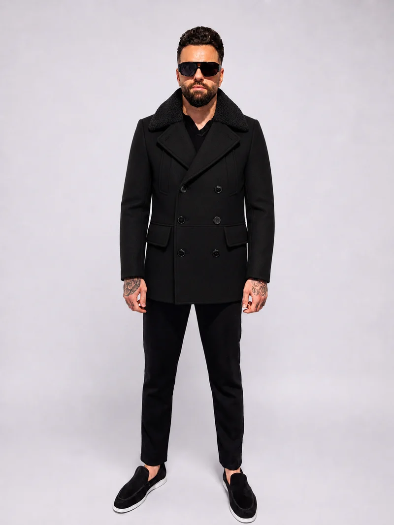Double Breasted Short Coat With Fur Trim - Black