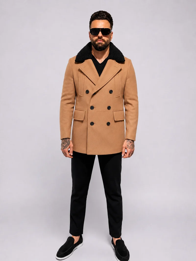 Double Breasted Short Coat With Fur Trim - light brown