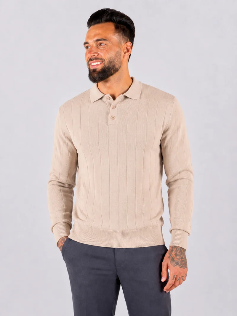 Polo Knitwear Self Stripe Detail - Beige