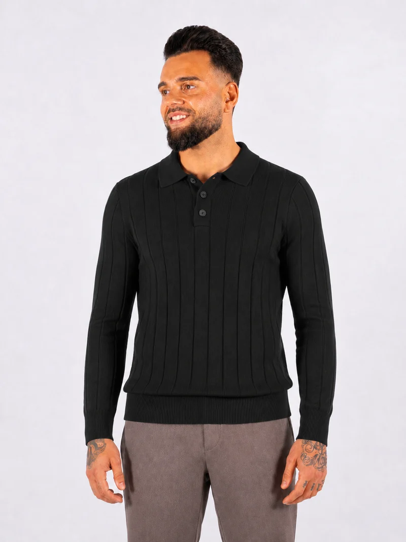 Polo Knitwear Self Stripe Detail - Black