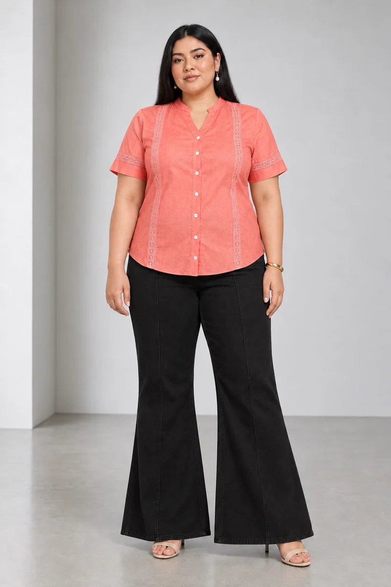 Roa|Light Orange Oxford Lace Detail Top