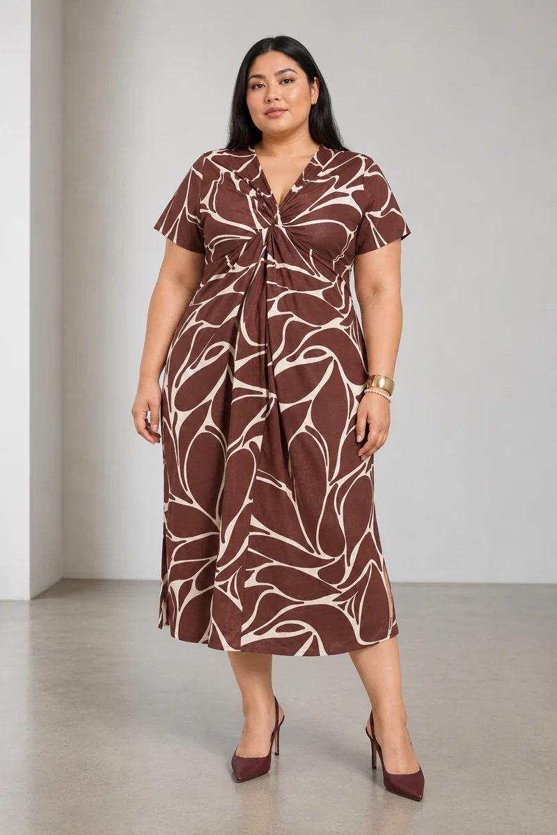 Orel|Cotton Twist Front V Neck Midi Dress