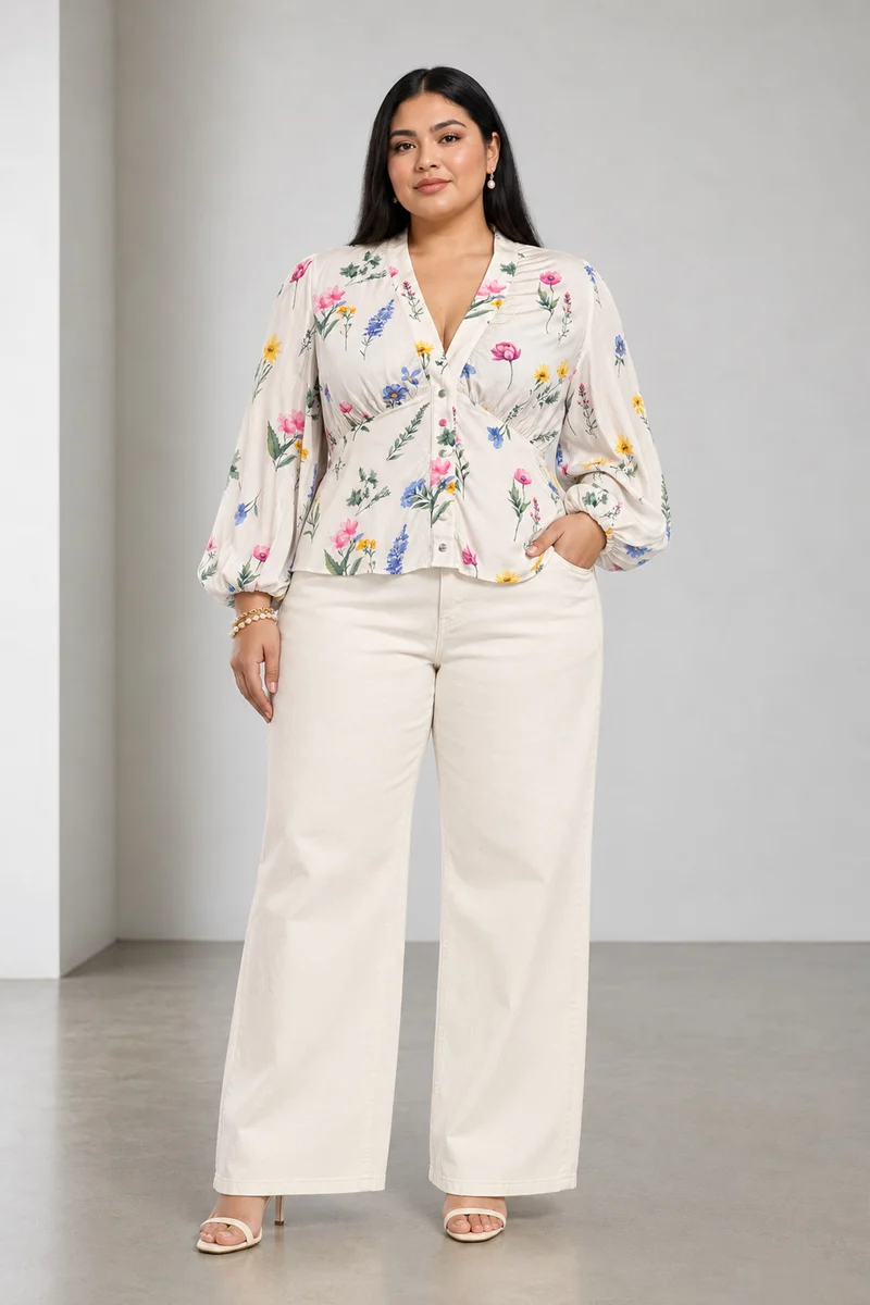 Elvyn|Viscose V Neck Puff Sleeve Top