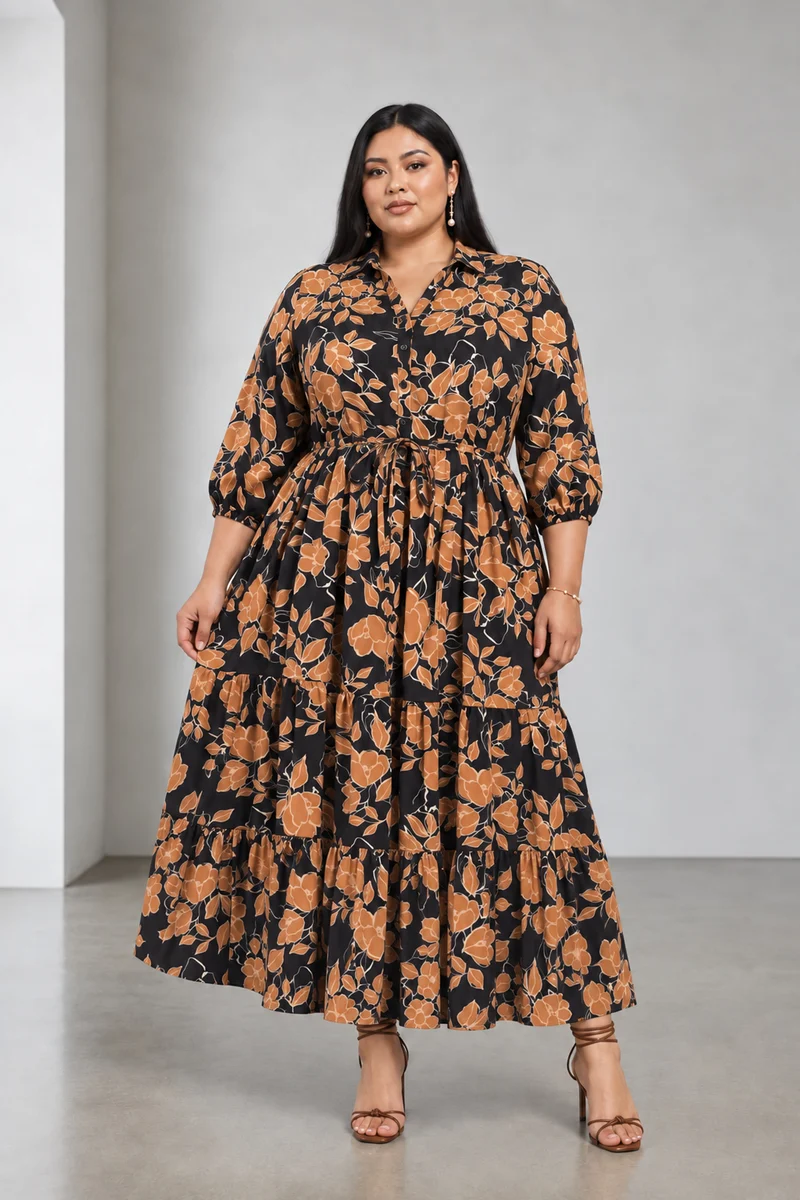 Orena|Viscose Tiered Midi Shirt Dress