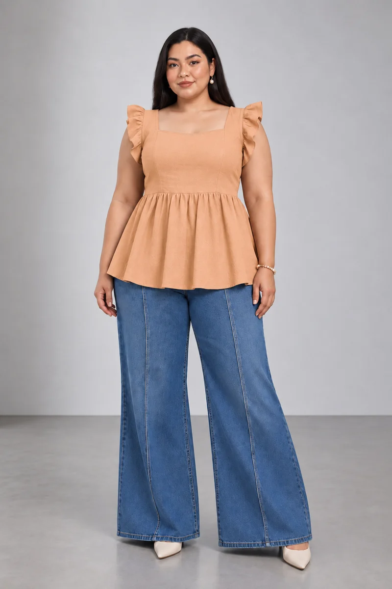 Miela|Cotton Sweetheart Neck Peplum Top
