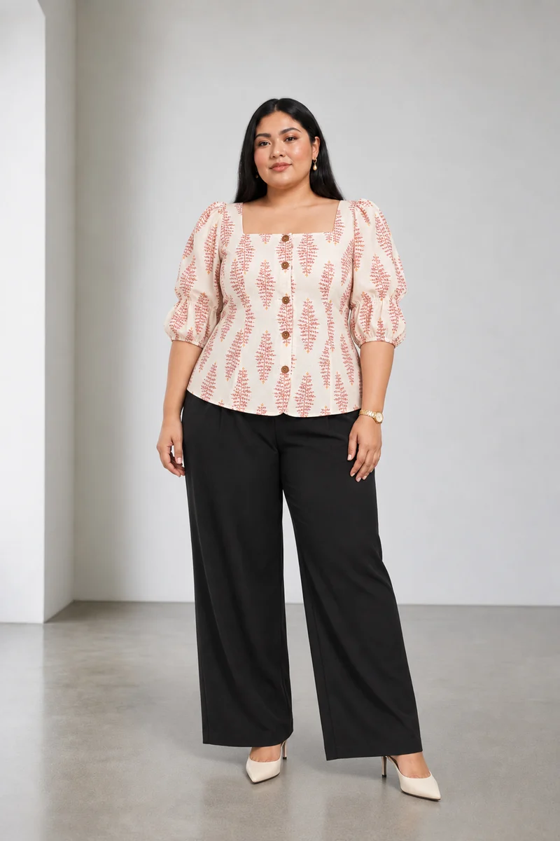 Soreva|Cotton Square Neck Puff Sleeve Top