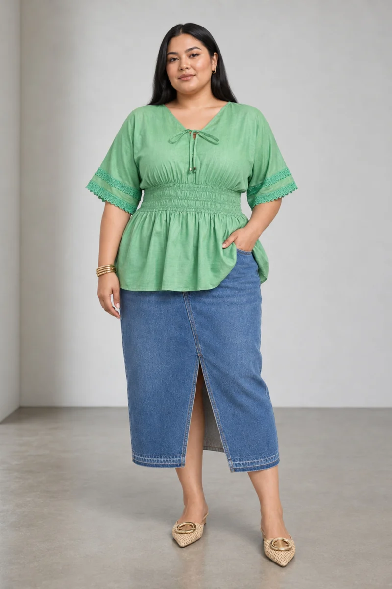 Maela|Oxford Smocked Waist Peplum Top