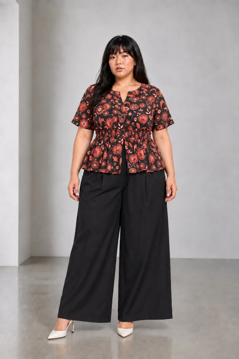 Maribel|Viscose Fitted Waist Peplum Top