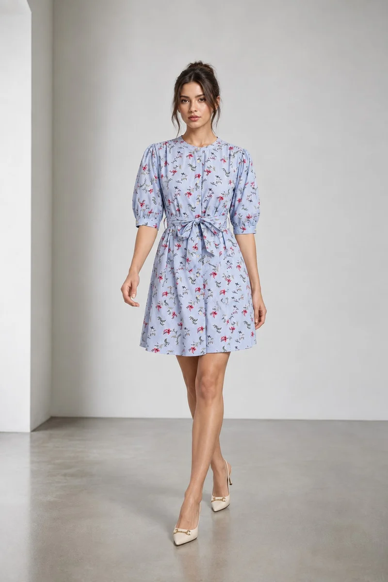 Sela|Cambric Floral Belted Shirt Dress
