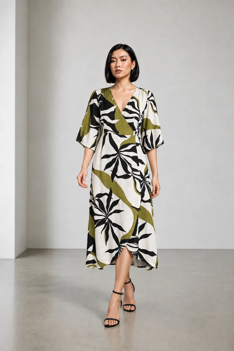 Elyon|Viscose Linen Printed Wrap Maxi Dress