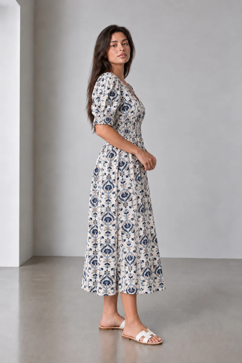Maviea|Viscose Smocked Waist Midi Dress