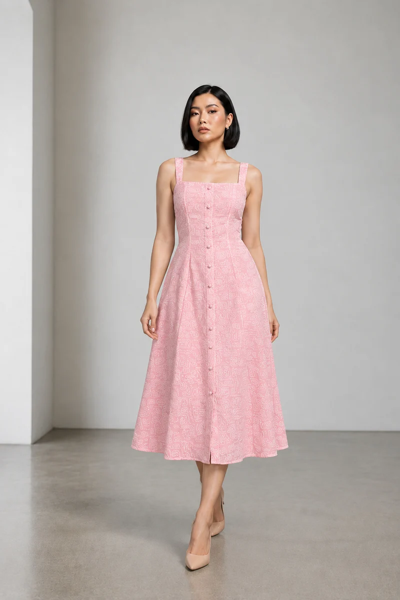 Sere|Cotton Embroidered Square Neck Midi Dress