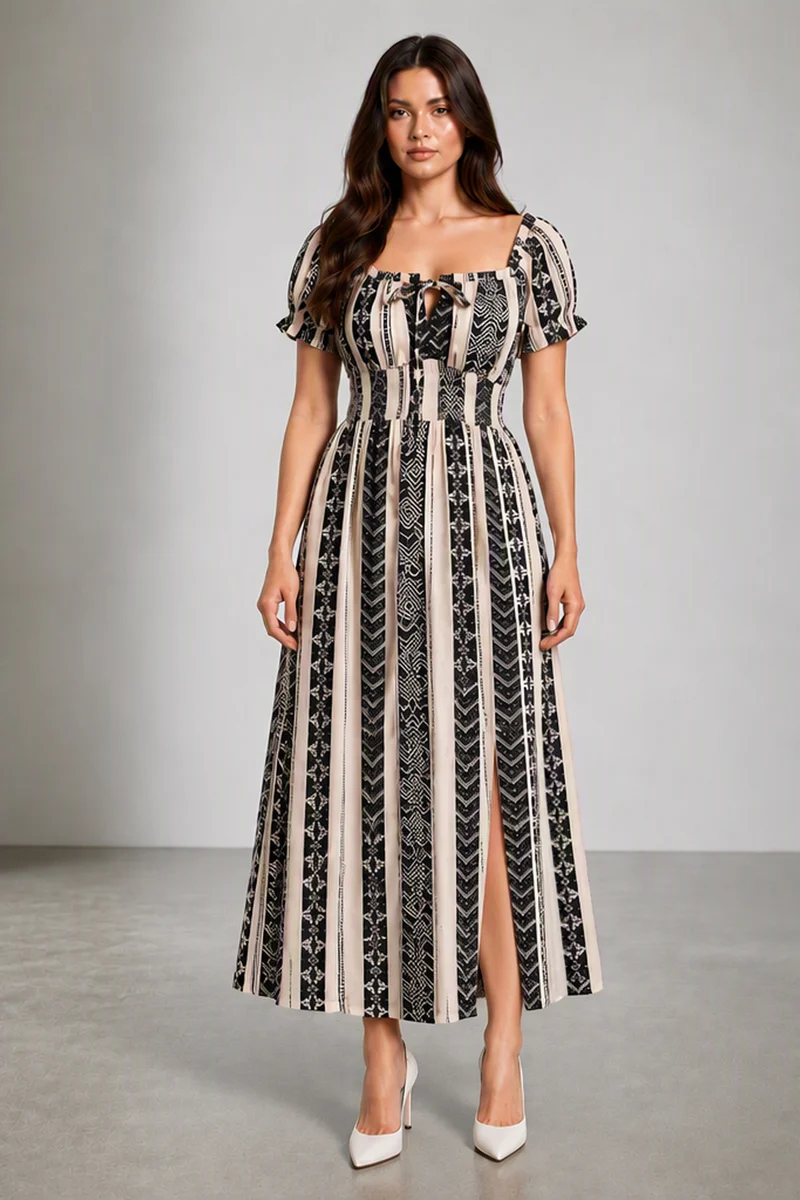 Soria|Rayon Crepe Printed Smocked Maxi Dress