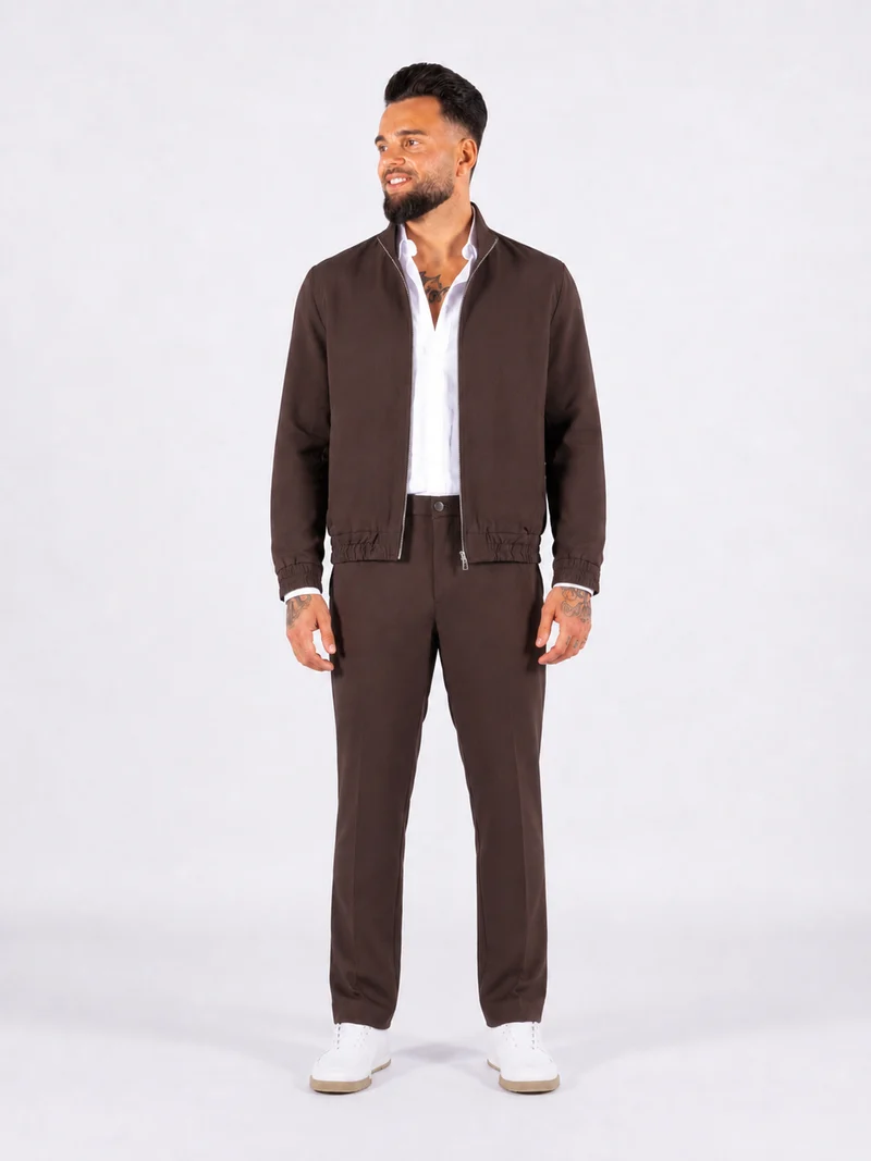 Zip-Up Jacket and Pantalon Set - Brown