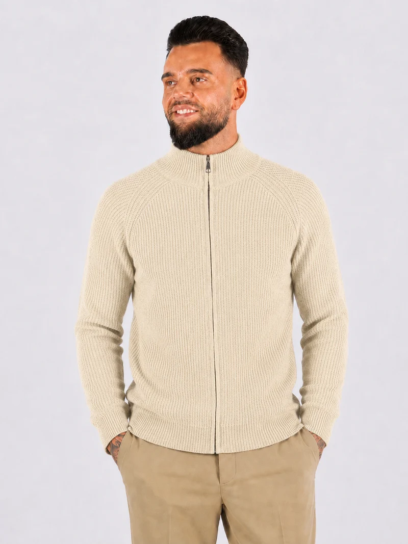 Zip Through Rib Knitwear - Beige
