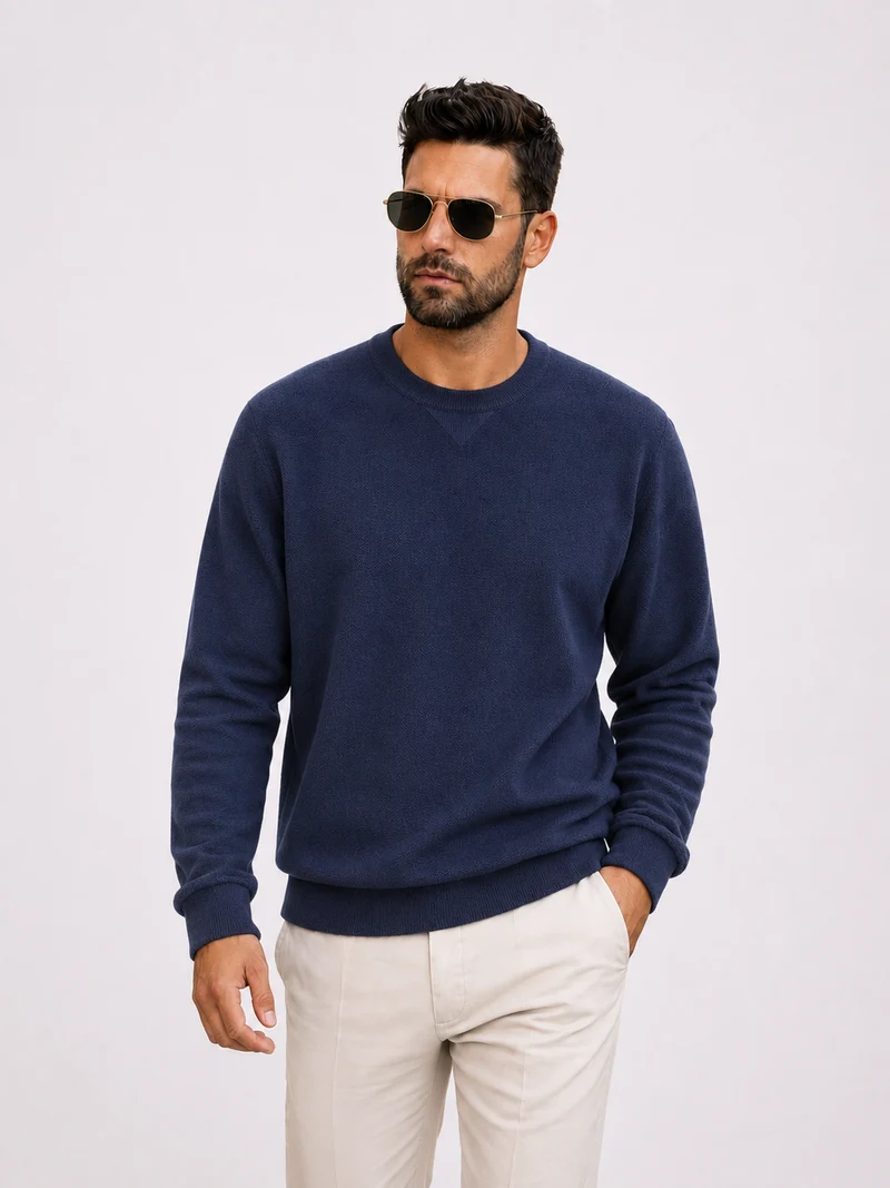 Crewneck Knitwear, Plain - Navy