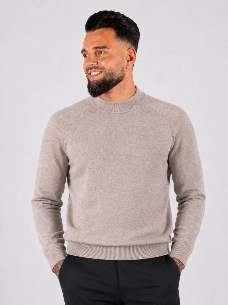 Crewneck Knitwear, Plain with Raglan Sleeve - Light Brown