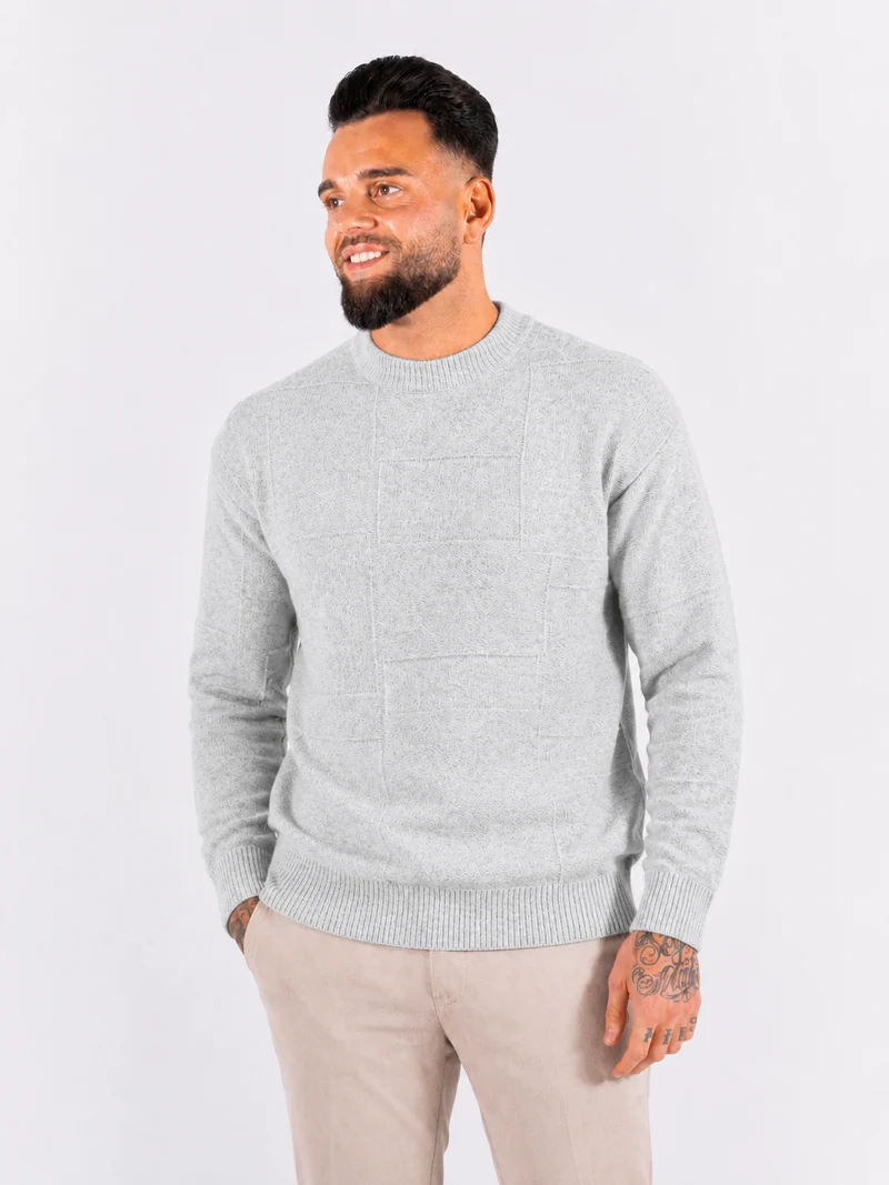 Crewneck Knitwear, Self Block Pattern - Grey