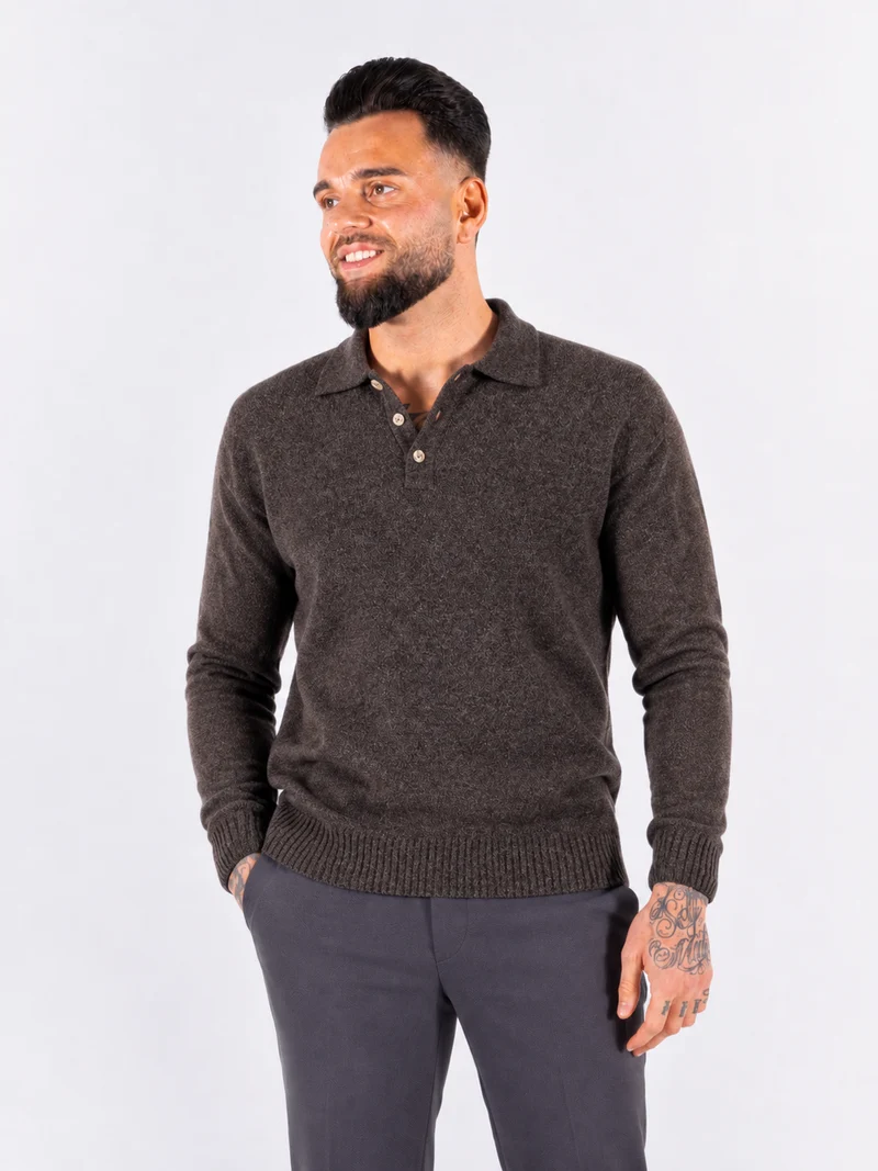 Polo Knitwear, Plain with Tape Detail - Brown