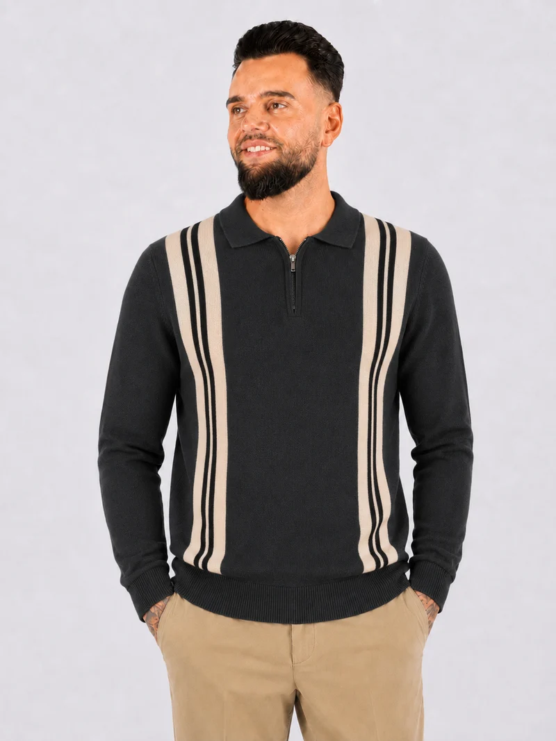 Collar V-Neck Knitwear, Colour Block Stripe Detail - Black